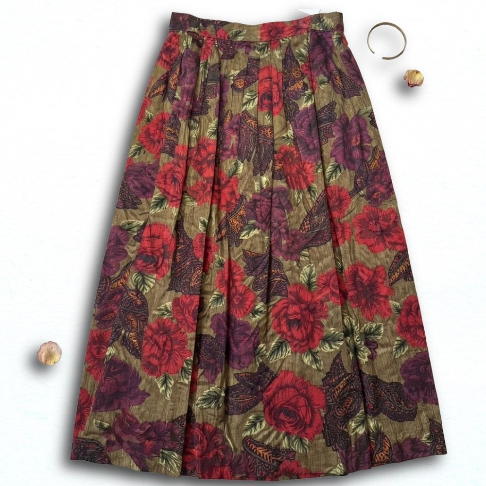 Vintage Counterparts Floral Paisley Maxi Skirt Rayon Pleated Boho Red Green XL